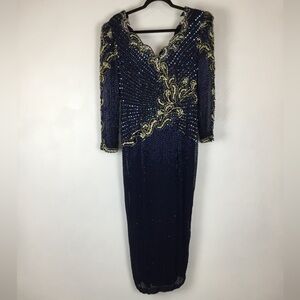Vintage LANDA Silk Heavily Beaded Sequined Long Sleeve Formal Gown size 14